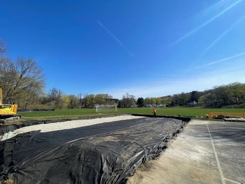 Underground stormwater system wrapped and ready for backfill