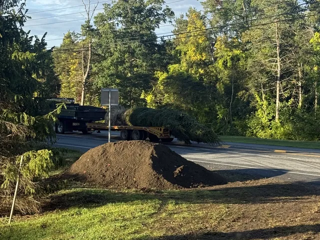 Topsoil staged for backfill along a new planting bed