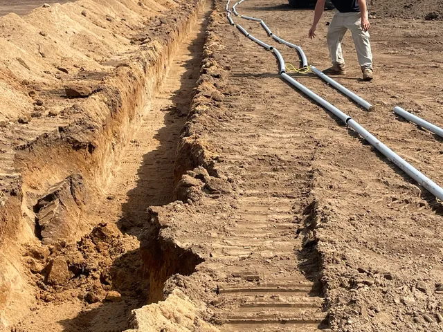 Drain pipe going into a field trench ahead of the excavator